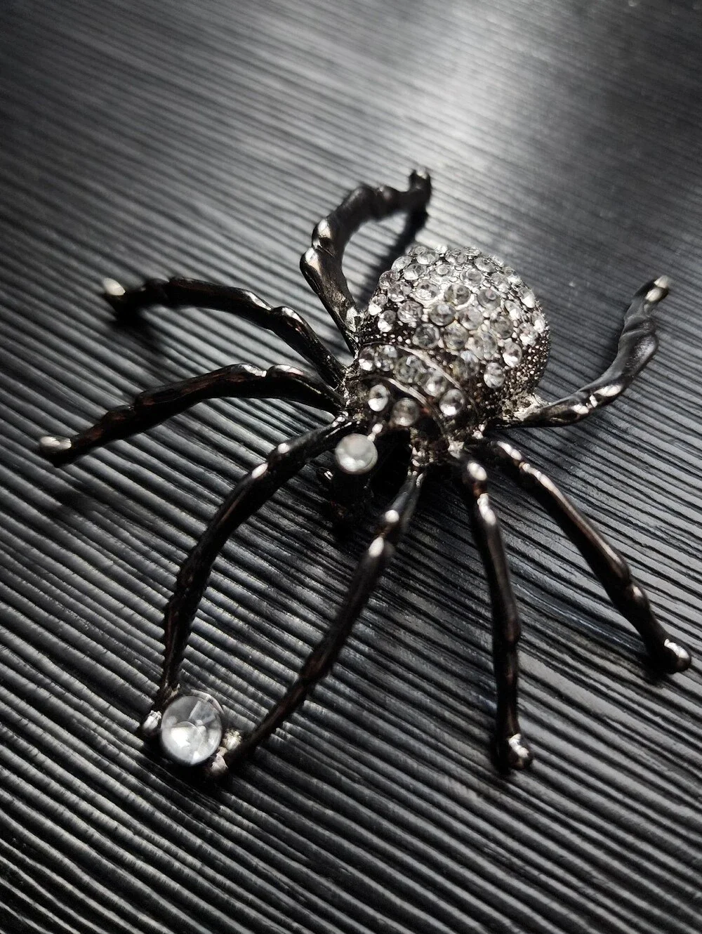 Large Gunmetal & Rhinestone Spider Brooch